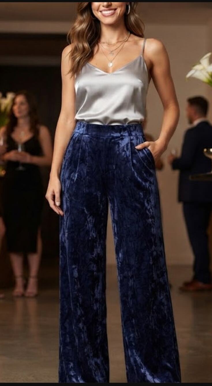 Cato Crushed Velvet Wide Leg Pants Navy Blue Elastic Waist Medium Holiday Party